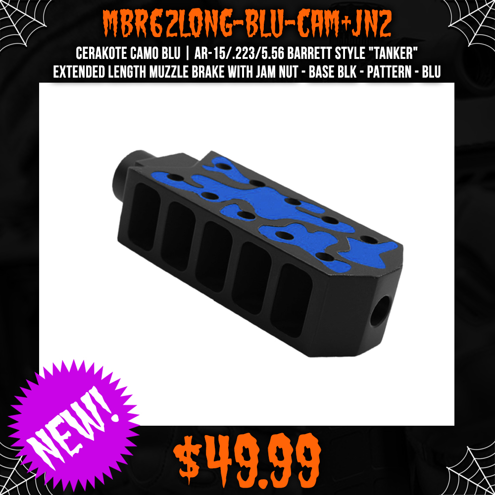 CERAKOTE CAMO BLU | AR-15/.223/5.56 Barrett Style "Tanker" Extended Length Muzzle Brake with Jam Nut - Base BLK - Pattern - BLU CERAKOTE CAMO BLU | AR-15/.223/5.56 Barrett Style "Tanker" Extended Length Muzzle Brake with Jam Nut - Base BLK - Pattern - BLU