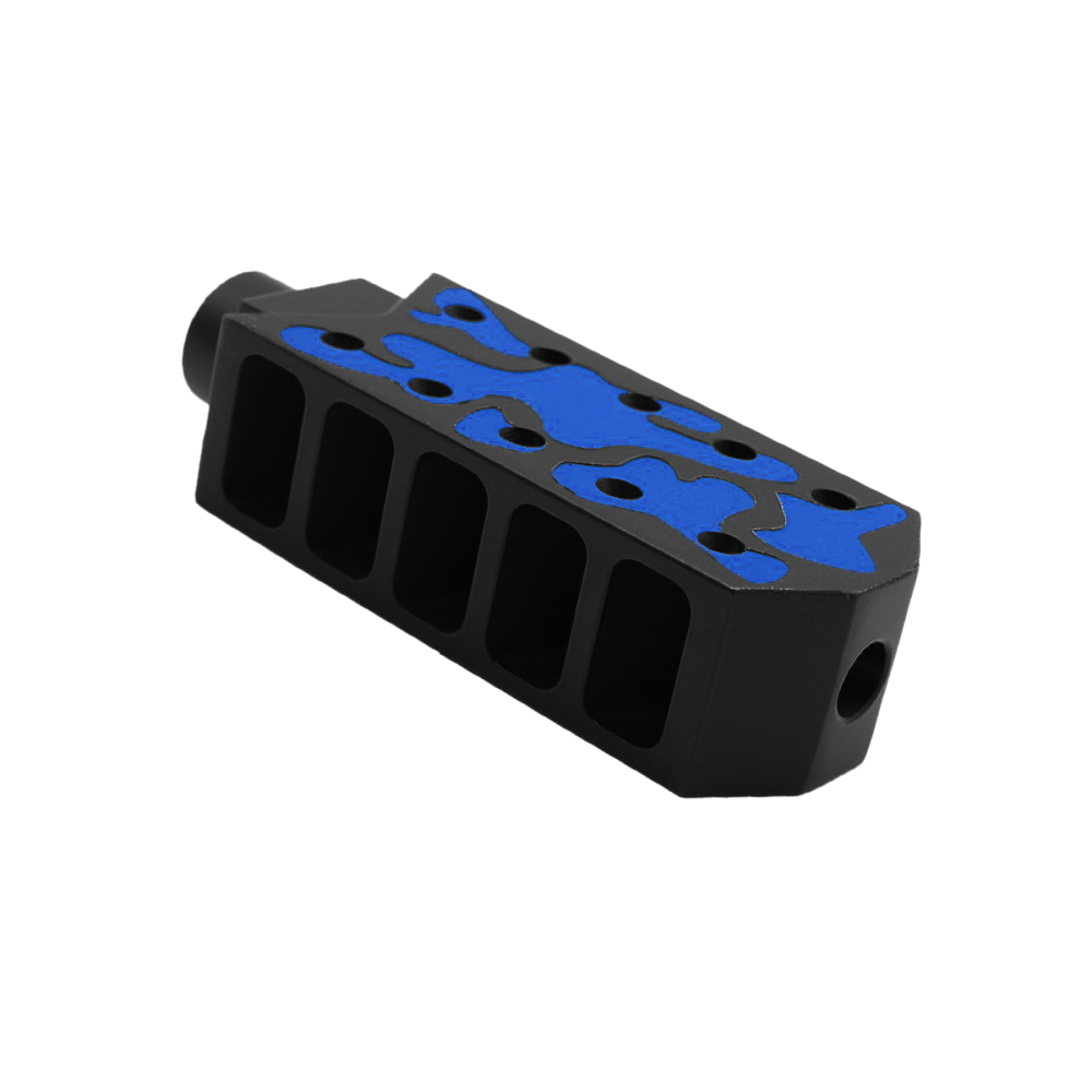 CERAKOTE CAMO BLU | AR-15/.223/5.56 Barrett Style "Tanker" Extended Length Muzzle Brake with Jam Nut - Base BLK - Pattern - BLU CERAKOTE CAMO BLU | AR-15/.223/5.56 Barrett Style "Tanker" Extended Length Muzzle Brake with Jam Nut - Base BLK - Pattern - BLU