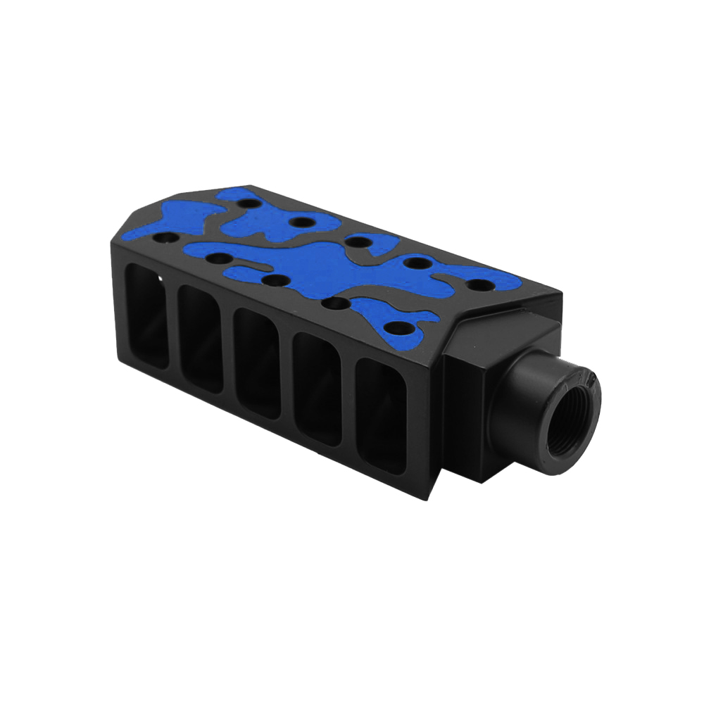 CERAKOTE CAMO BLU | AR-15/.223/5.56 Barrett Style "Tanker" Extended Length Muzzle Brake with Jam Nut - Base BLK - Pattern - BLU CERAKOTE CAMO BLU | AR-15/.223/5.56 Barrett Style "Tanker" Extended Length Muzzle Brake with Jam Nut - Base BLK - Pattern - BLU