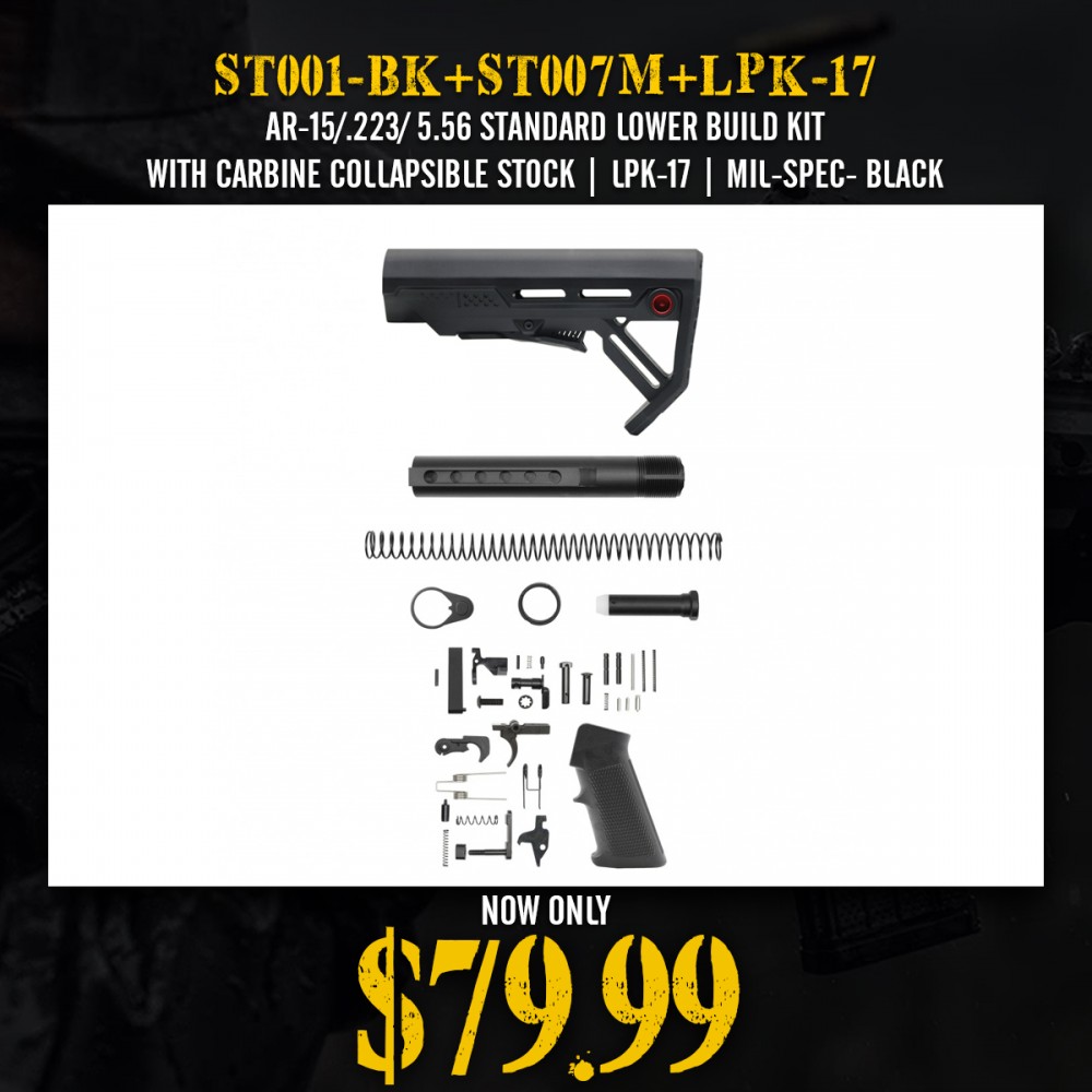 AR-15/.223/ 5.56 STANDARD LOWER BUILD KIT WITH CARBINE COLLAPSIBLE STOCK| LPK-17| MIL-SPEC- BLACK