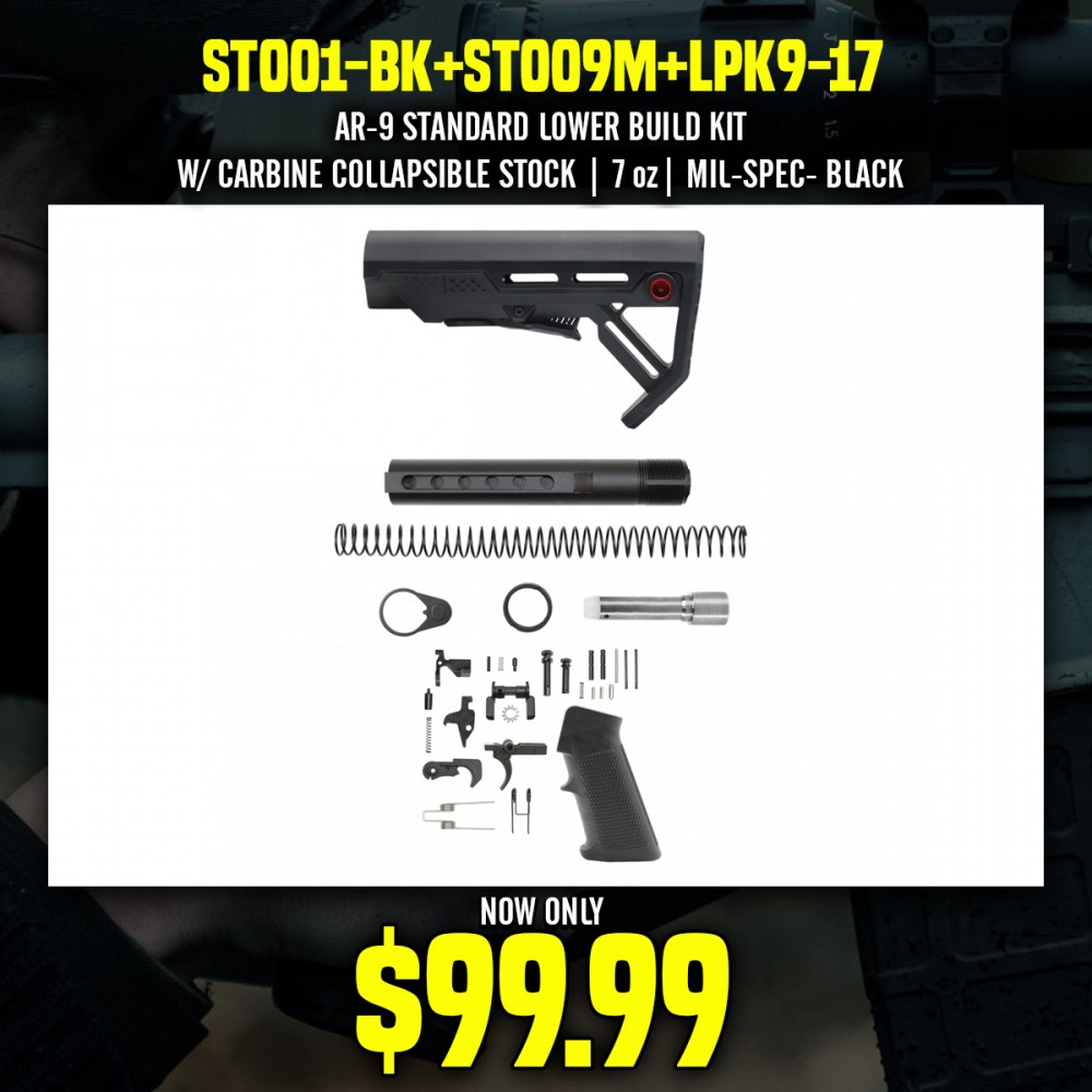 AR-9 STANDARD LOWER BUILD KIT W/ CARBINE COLLAPSIBLE STOCK| 7 oz| MIL-SPEC- BLACK