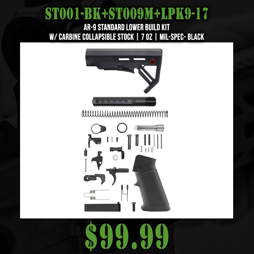 AR-9 STANDARD LOWER BUILD KIT W/ CARBINE COLLAPSIBLE STOCK| 7 oz| MIL-SPEC- BLACK
