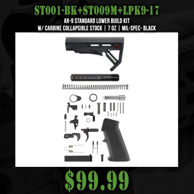 AR-9 STANDARD LOWER BUILD KIT W/ CARBINE COLLAPSIBLE STOCK| 7 oz| MIL-SPEC- BLACK