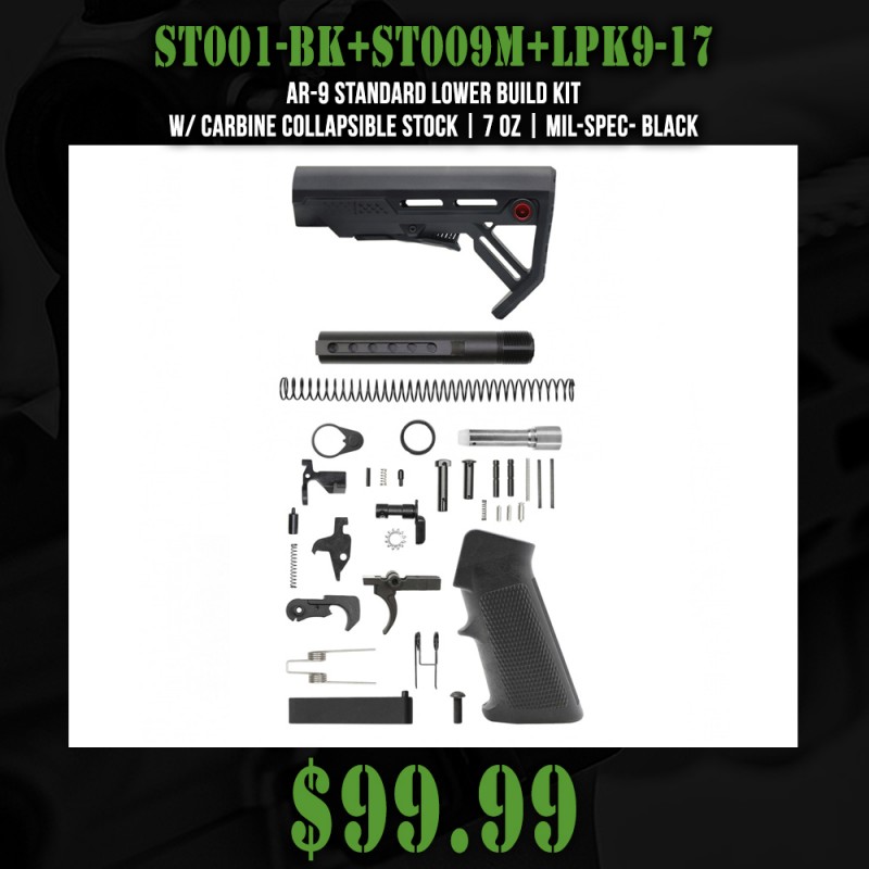 AR-9 STANDARD LOWER BUILD KIT W/ CARBINE COLLAPSIBLE STOCK| 7 oz| MIL-SPEC- BLACK