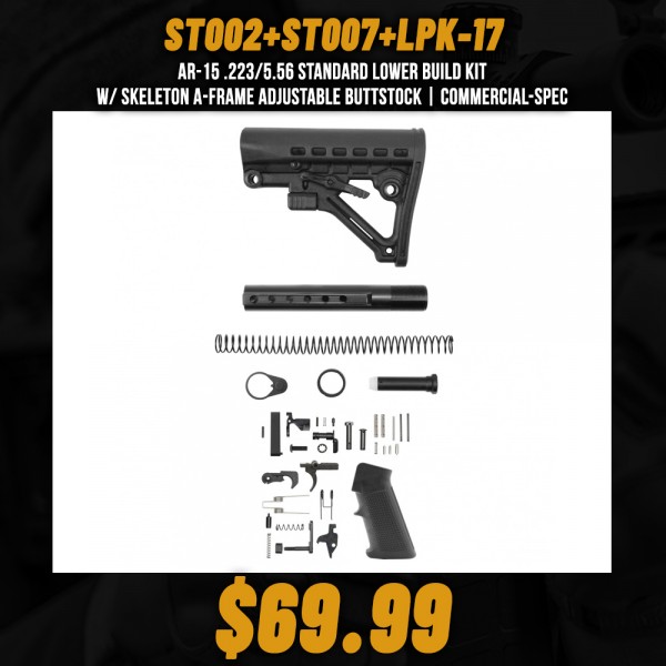 AR-15 .223/5.56 Standard Lower Build Kit W/ Skeleton A-Frame Adjustable Buttstock | Commercial-Spec