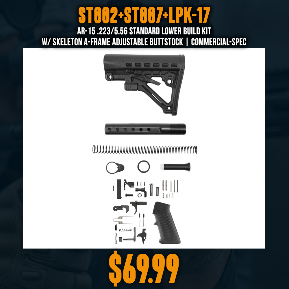 AR-15 .223/5.56 Standard Lower Build Kit W/ Skeleton A-Frame Adjustable Buttstock | Commercial-Spec AR-15 .223/5.56 Standard Lower Build Kit W/ Skeleton A-Frame Adjustable Buttstock | Commercial-Spec