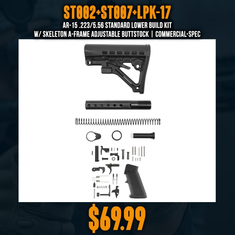 AR-15 .223/5.56 Standard Lower Build Kit W/ Skeleton A-Frame Adjustable Buttstock | Commercial-Spec AR-15 .223/5.56 Standard Lower Build Kit W/ Skeleton A-Frame Adjustable Buttstock | Commercial-Spec