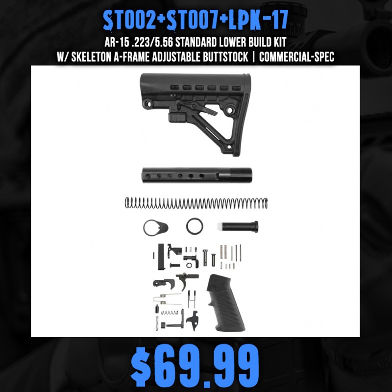 AR-15 .223/5.56 Standard Lower Build Kit W/ Skeleton A-Frame Adjustable Buttstock | Commercial-Spec AR-15 .223/5.56 Standard Lower Build Kit W/ Skeleton A-Frame Adjustable Buttstock | Commercial-Spec