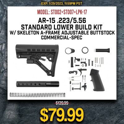 AR-15 .223/5.56 Standard Lower Build Kit W/ Skeleton A-Frame Adjustable Buttstock | Commercial-Spec