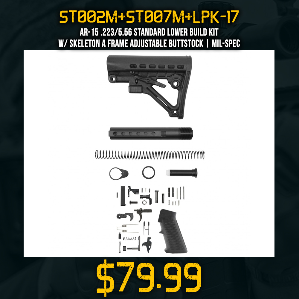 AR-15 .223/5.56 Standard Lower Build Kit W/ Skeleton A Frame Adjustable Buttstock | Mil-Spec AR-15 .223/5.56 Standard Lower Build Kit W/ Skeleton A Frame Adjustable Buttstock | Mil-Spec