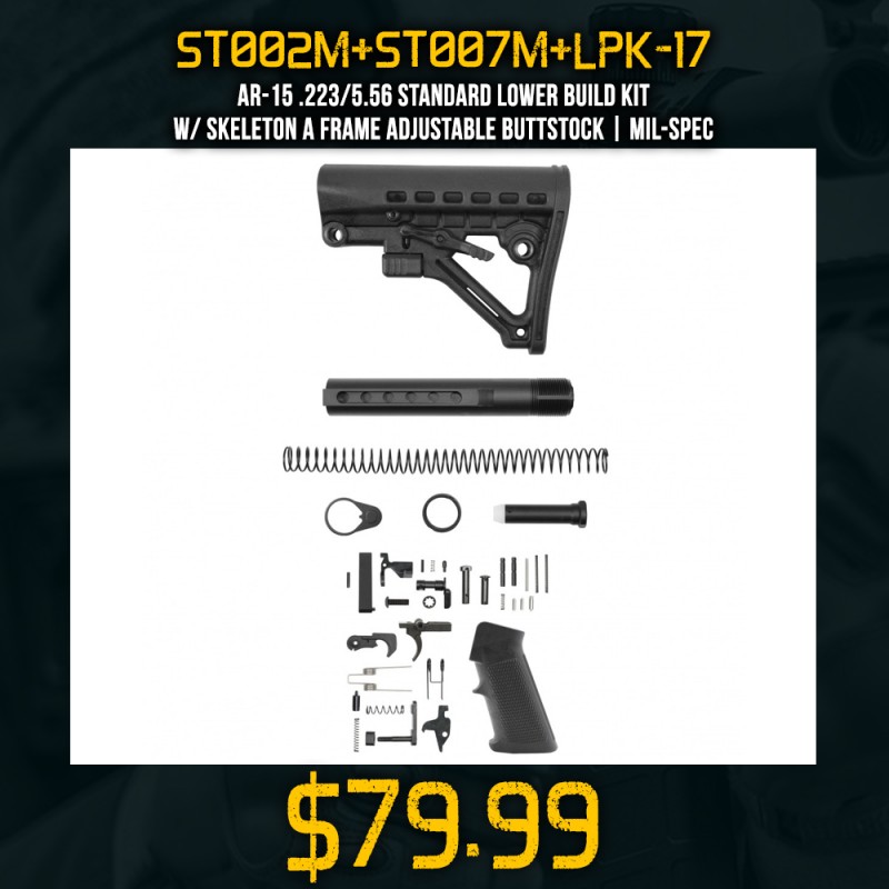 AR-15 .223/5.56 Standard Lower Build Kit W/ Skeleton A Frame Adjustable Buttstock | Mil-Spec AR-15 .223/5.56 Standard Lower Build Kit W/ Skeleton A Frame Adjustable Buttstock | Mil-Spec
