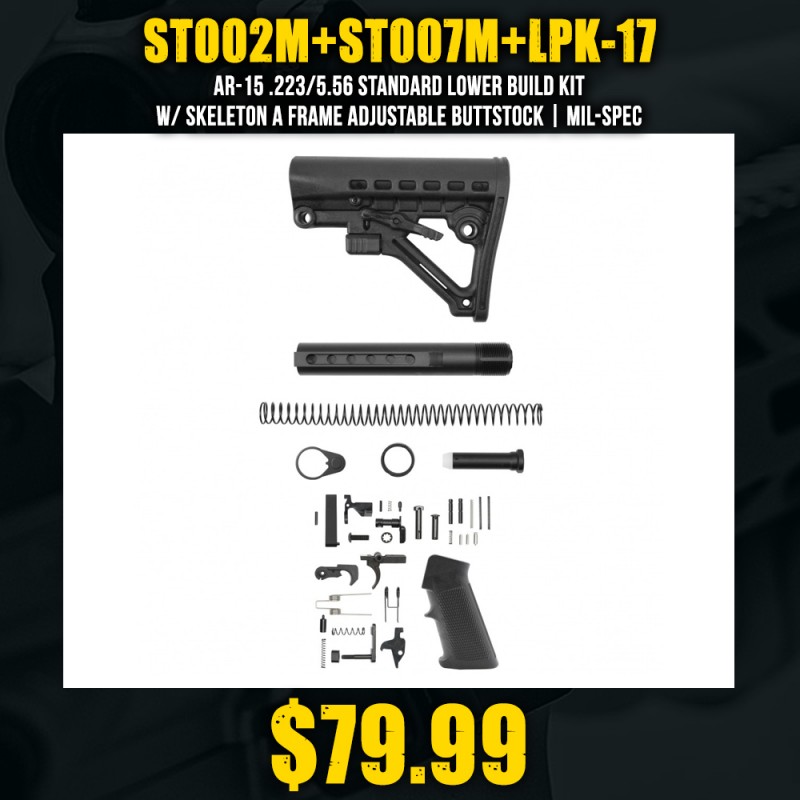 AR-15 .223/5.56 Standard Lower Build Kit W/ Skeleton A Frame Adjustable Buttstock | Mil-Spec