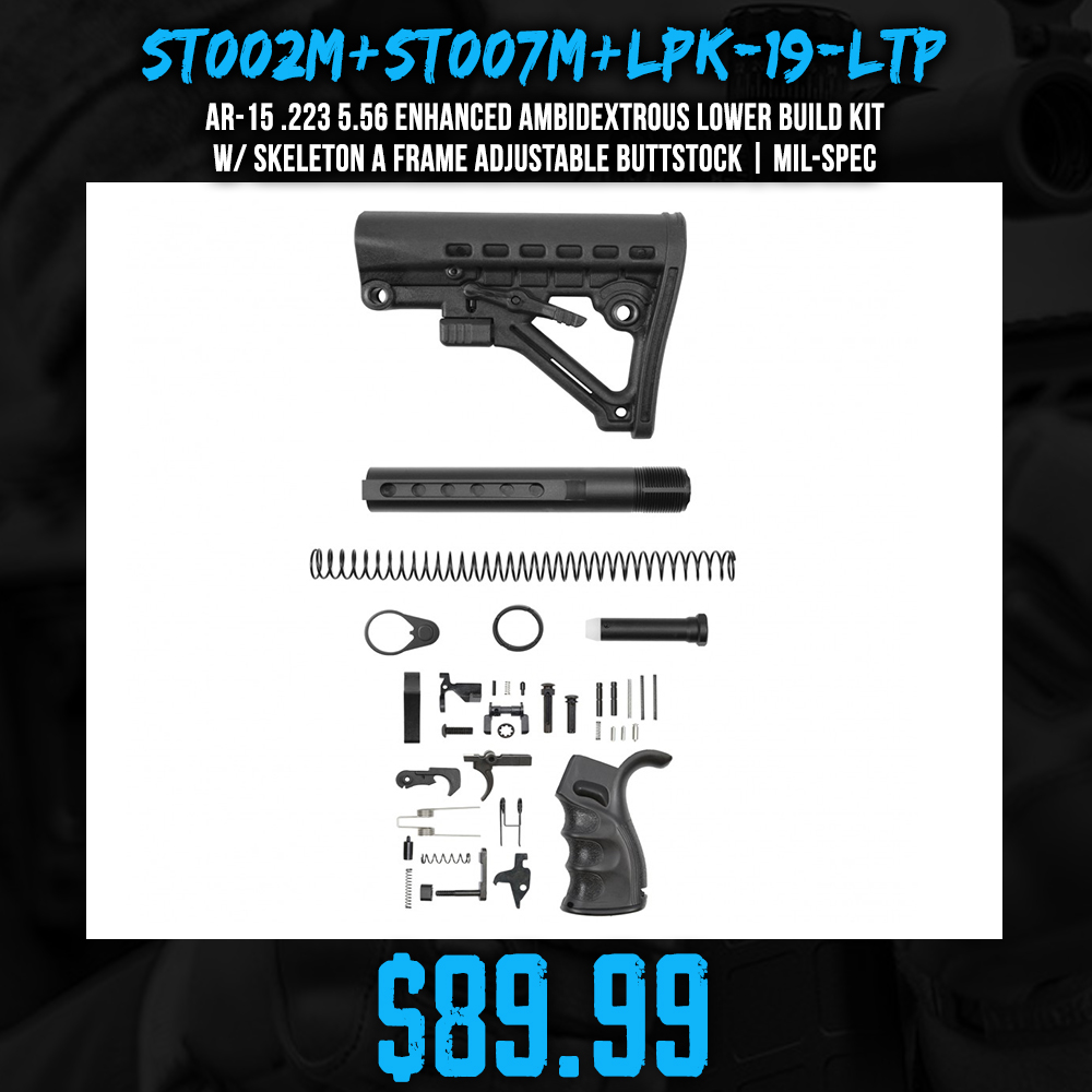 AR-15 .223 5.56 Enhanced Ambidextrous Lower Build Kit W/ Skeleton A Frame Adjustable Buttstock | Mil-Spec