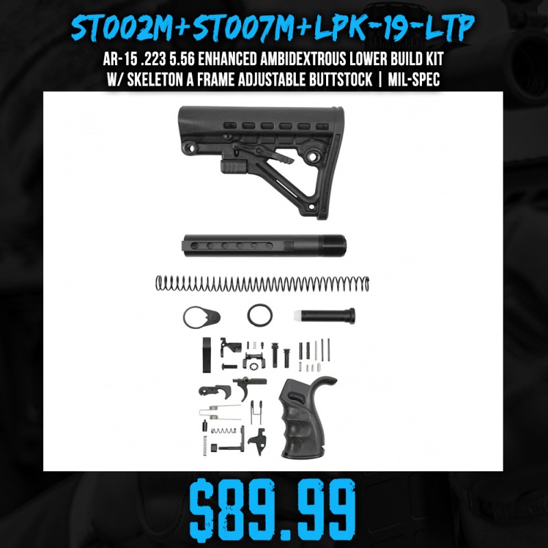 AR-15 .223 5.56 Enhanced Ambidextrous Lower Build Kit W/ Skeleton A Frame Adjustable Buttstock | Mil-Spec
