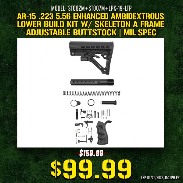 AR-15 .223 5.56 Enhanced Ambidextrous Lower Build Kit W/ Skeleton A Frame Adjustable Buttstock | Mil-Spec