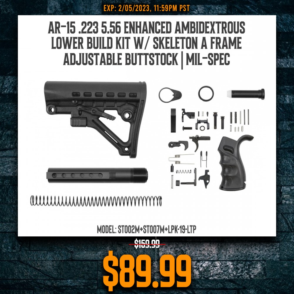 AR-15 .223 5.56 Enhanced Ambidextrous Lower Build Kit W/ Skeleton A Frame Adjustable Buttstock | Mil-Spec