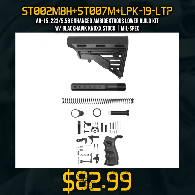 AR-15 .223/5.56 Enhanced Ambidextrous Lower Build Kit W/ Blackhawk Knoxx Stock | Mil-Spec AR-15 .223/5.56 Enhanced Ambidextrous Lower Build Kit W/ Blackhawk Knoxx Stock | Mil-Spec