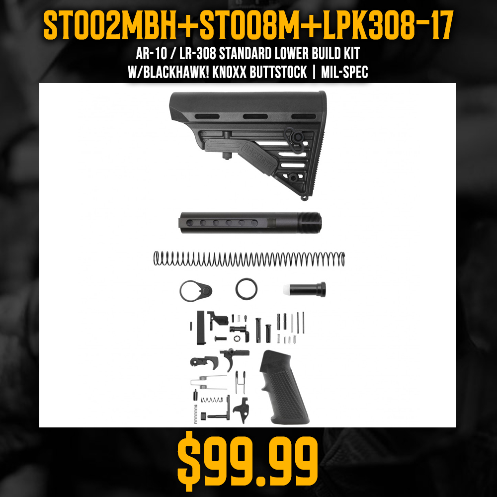 AR-10 / LR-308 Standard Lower Build Kit W/Blackhawk! Knoxx Buttstock | Mil-Spec AR-10 / LR-308 Standard Lower Build Kit W/Blackhawk! Knoxx Buttstock | Mil-Spec