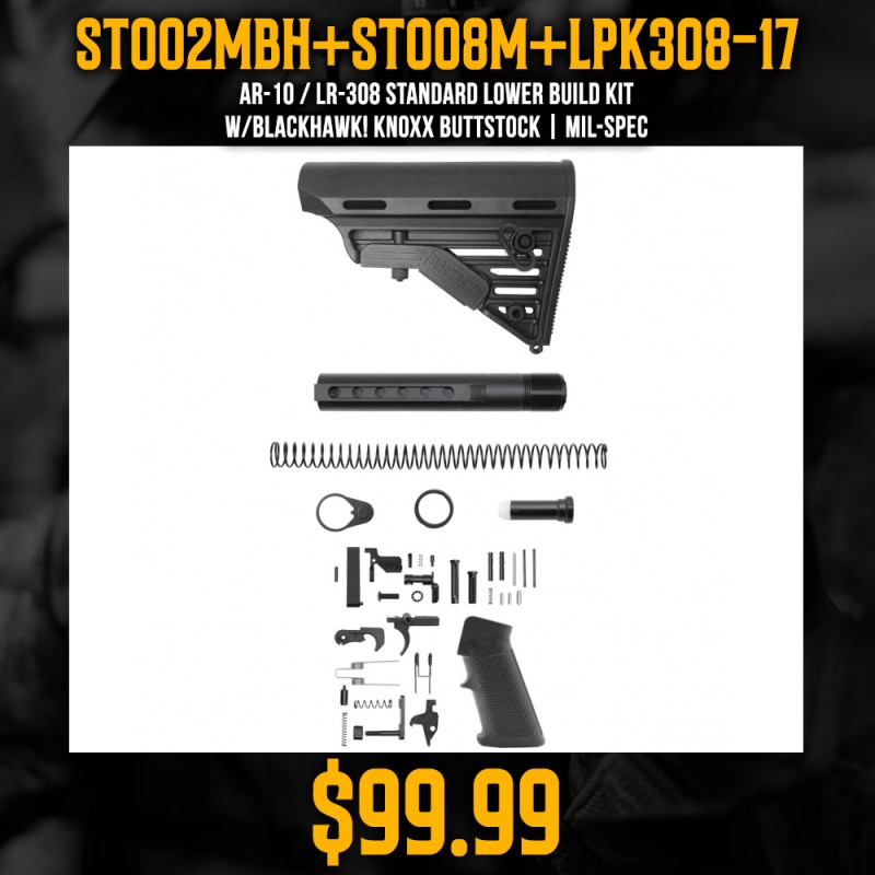 AR-10 / LR-308 Standard Lower Build Kit W/Blackhawk! Knoxx Buttstock | Mil-Spec AR-10 / LR-308 Standard Lower Build Kit W/Blackhawk! Knoxx Buttstock | Mil-Spec