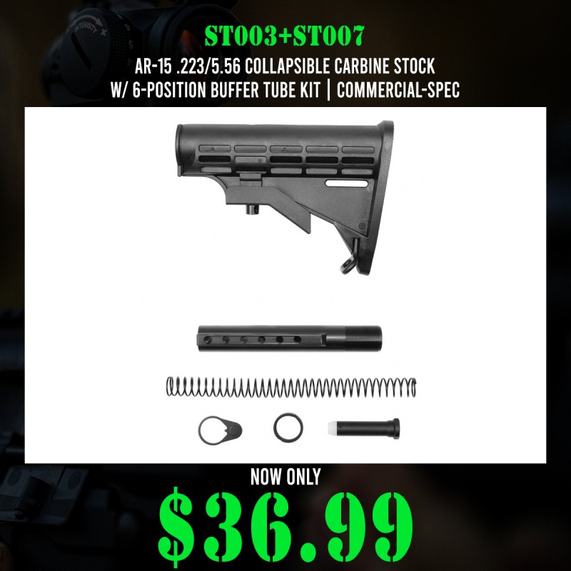 AR-15 .223/5.56 Collapsible Carbine Stock W/ 6-Position Buffer Tube Kit | Commercial-Spec