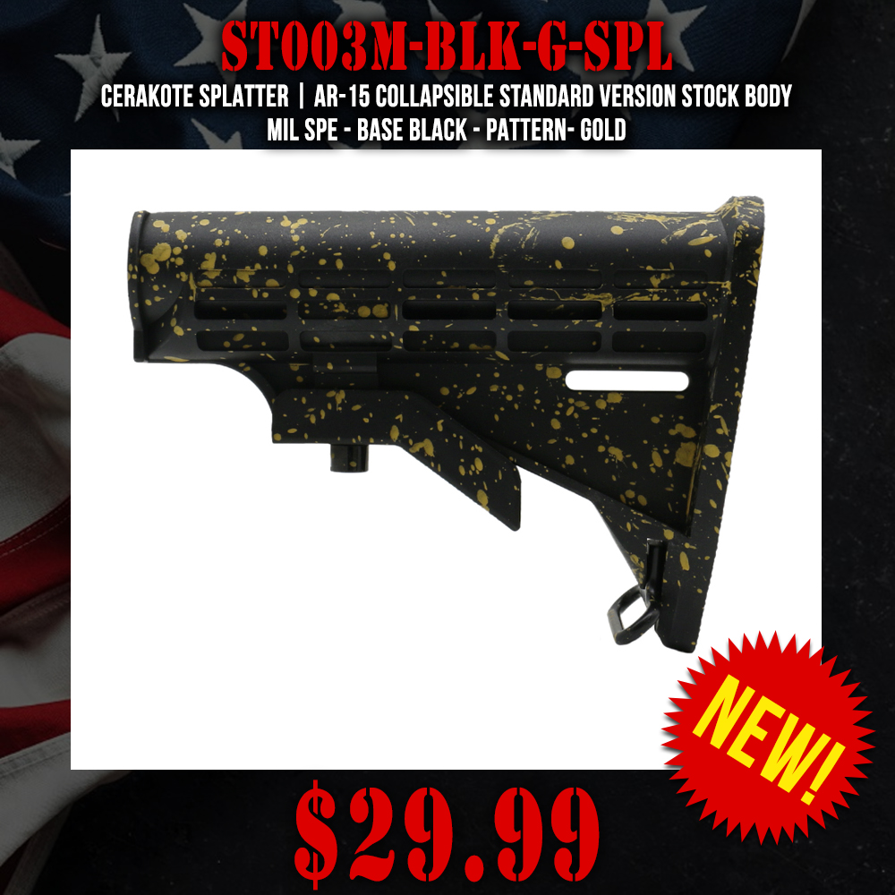 CERAKOTE SPLATTER | AR-15 Collapsible Standard Version Stock Body - Mil Spe - Base Black - Pattern- Gold CERAKOTE SPLATTER | AR-15 Collapsible Standard Version Stock Body - Mil Spe - Base Black - Pattern- Gold