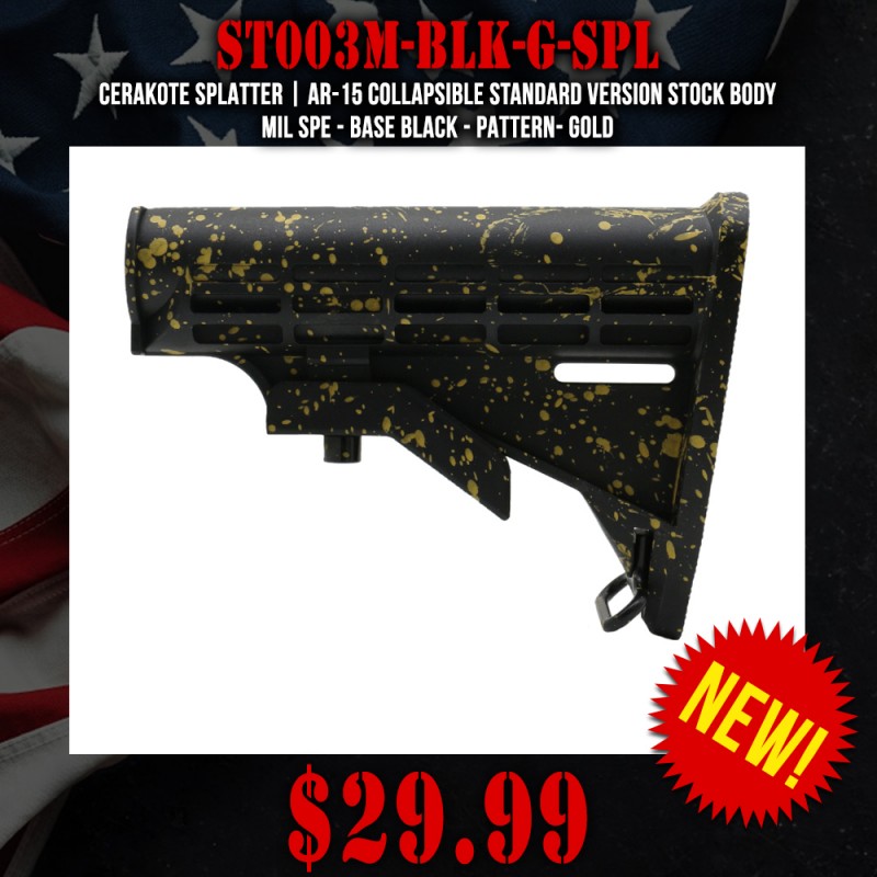 CERAKOTE SPLATTER | AR-15 Collapsible Standard Version Stock Body - Mil Spe - Base Black - Pattern- Gold CERAKOTE SPLATTER | AR-15 Collapsible Standard Version Stock Body - Mil Spe - Base Black - Pattern- Gold