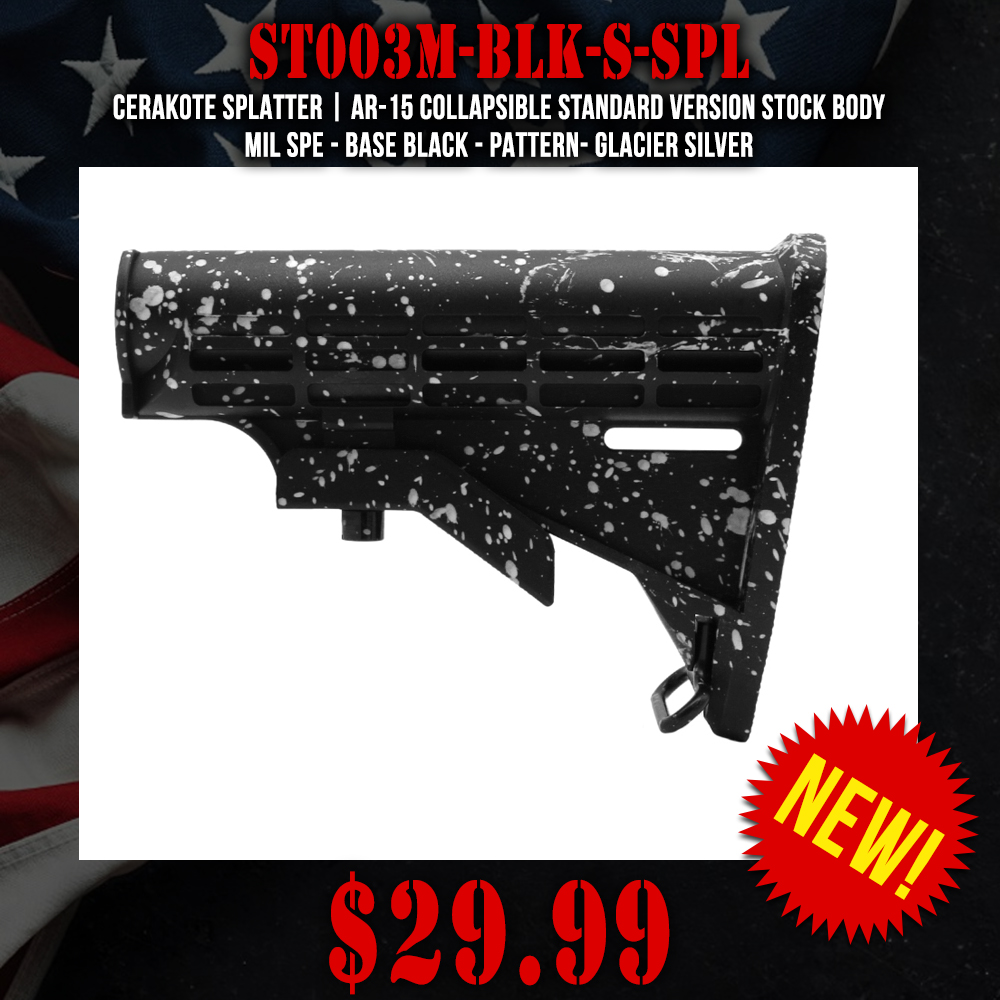 CERAKOTE SPLATTER | AR-15 Collapsible Standard Version Stock Body - Mil Spe - Base Black - Pattern- Glacier Silver CERAKOTE SPLATTER | AR-15 Collapsible Standard Version Stock Body - Mil Spe - Base Black - Pattern- Glacier Silver