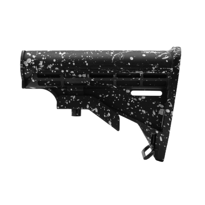 CERAKOTE SPLATTER | AR-15 Collapsible Standard Version Stock Body - Mil Spe - Base Black - Pattern- Glacier Silver CERAKOTE SPLATTER | AR-15 Collapsible Standard Version Stock Body - Mil Spe - Base Black - Pattern- Glacier Silver
