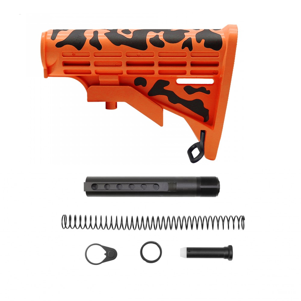 CERAKOTE CAMO|AR-15 .223/5.56 Collapsible Carbine Stock - Black And Hunter Orange| W/ 6-Position Buffer Tube Kit | Mil-Spec