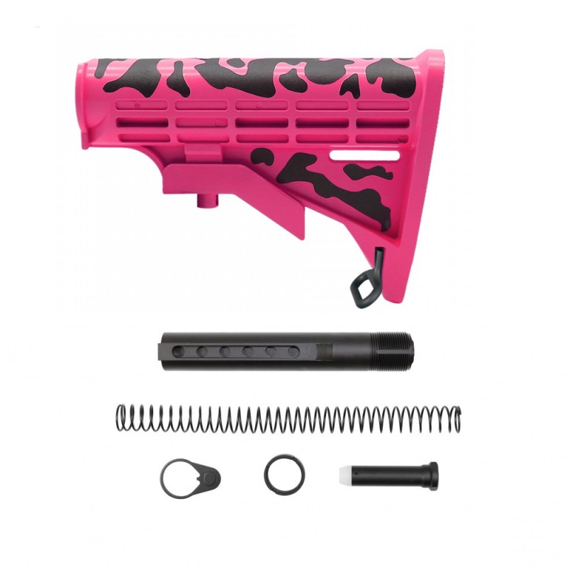 CERAKOTE CAMO|AR-15 .223/5.56 Collapsible Carbine Stock - Black And Pink| W/ 6-Position Buffer Tube Kit | Mil-Spec