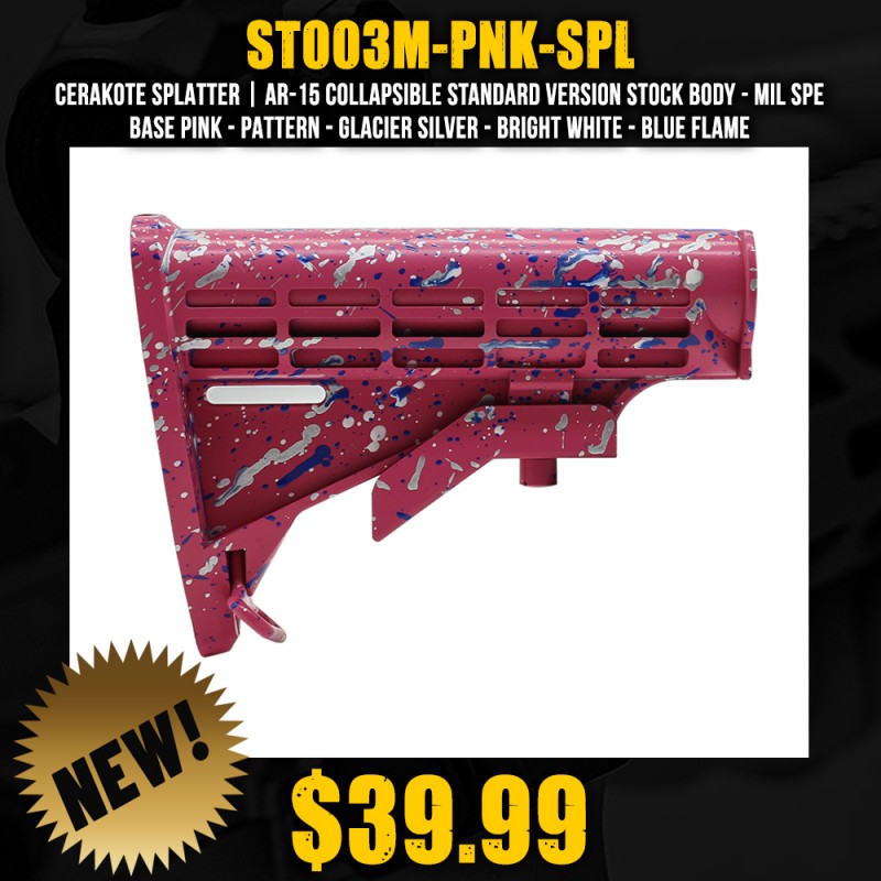 CERAKOTE SPLATTER | AR-15 Collapsible Standard Version Stock Body - Mil Spe - Base Pink - Pattern - Glacier Silver - Bright White - Blue Flame CERAKOTE SPLATTER | AR-15 Collapsible Standard Version Stock Body - Mil Spe - Base Pink - Pattern - Glacier Silver - Bright White - Blue Flame