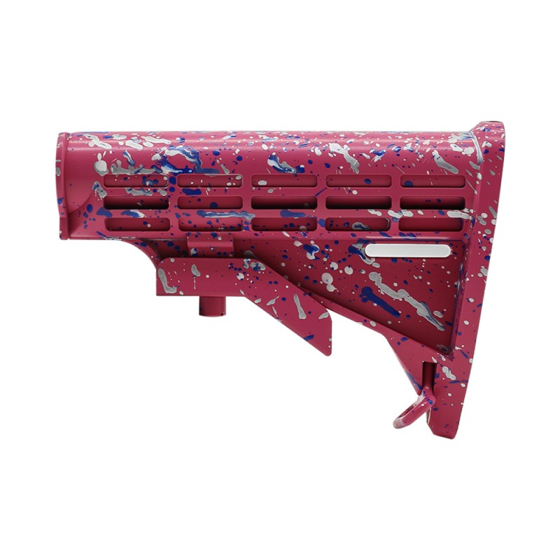CERAKOTE SPLATTER | AR-15 Collapsible Standard Version Stock Body - Mil Spe - Base Pink - Pattern - Glacier Silver - Bright White - Blue Flame