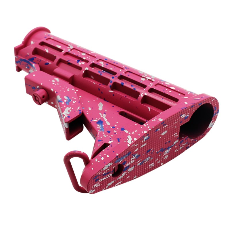 CERAKOTE SPLATTER | AR-15 Collapsible Standard Version Stock Body - Mil Spe - Base Pink - Pattern - Glacier Silver - Bright White - Blue Flame