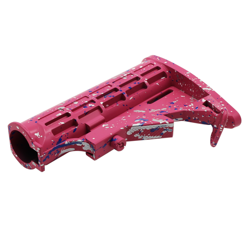 CERAKOTE SPLATTER | AR-15 Collapsible Standard Version Stock Body - Mil Spe - Base Pink - Pattern - Glacier Silver - Bright White - Blue Flame