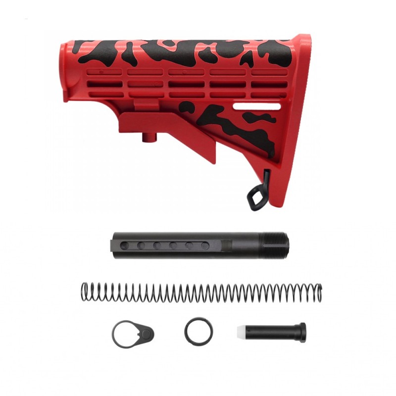 CERAKOTE CAMO|AR-15 .223/5.56 Collapsible Carbine Stock - Black And Red| W/ 6-Position Buffer Tube Kit | Mil-Spec