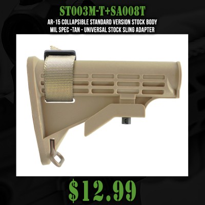 AR-15 Collapsible Standard Version Stock Body-Mil Spec -TAN - Universal Stock Sling Adapter