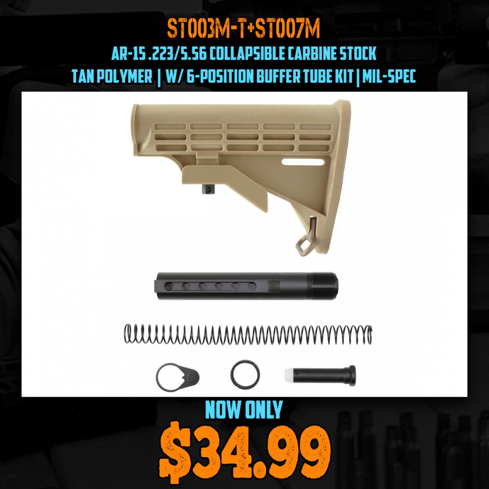 AR-15 .223/5.56 Collapsible Carbine Stock-Tan Polymer | W/ 6-Position Buffer Tube Kit | Mil-Spec