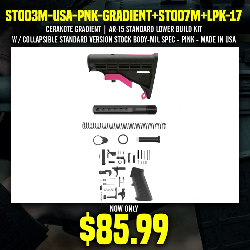 CERAKOTE GRADIENT| AR-15 STANDARD LOWER BUILD KIT W / COLLAPSIBLE STANDARD VERSION STOCK BODY-MIL SPEC - PINK - MADE IN USA