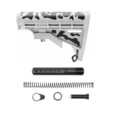 CERAKOTE CAMO WHI | AR-15 .223/5.56 Collapsible Carbine Stock - Base WHI - Pattern - BLK - W/ 6-Position Buffer Tube Kit | Mil-Spec