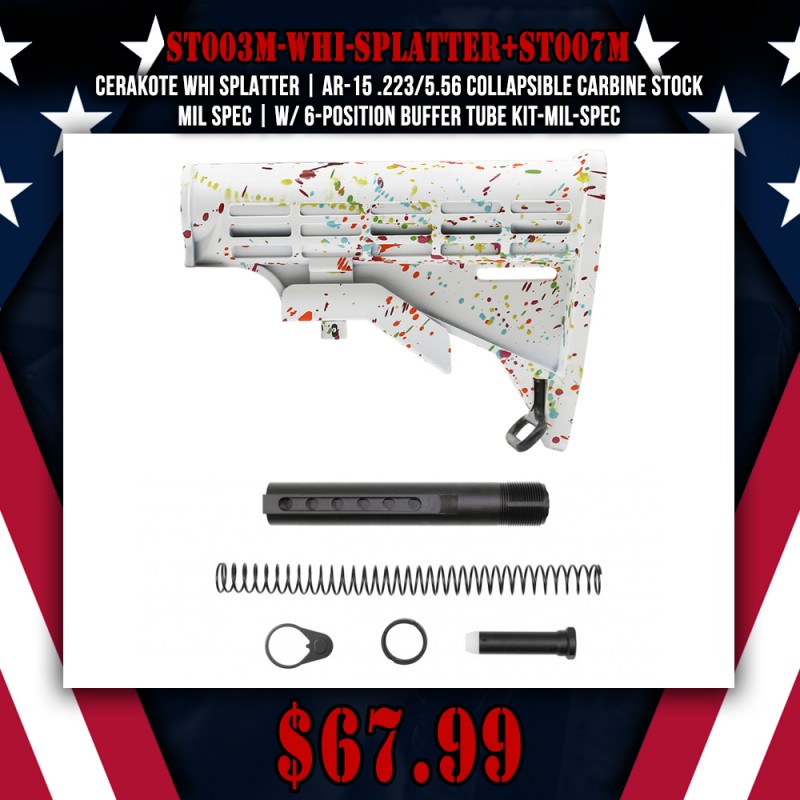 CERAKOTE WHI SPLATTER | AR-15 .223/5.56 Collapsible Carbine Stock-Mil Spec | W/ 6-Position Buffer Tube Kit-Mil-Spec CERAKOTE WHI SPLATTER | AR-15 .223/5.56 Collapsible Carbine Stock-Mil Spec | W/ 6-Position Buffer Tube Kit-Mil-Spec