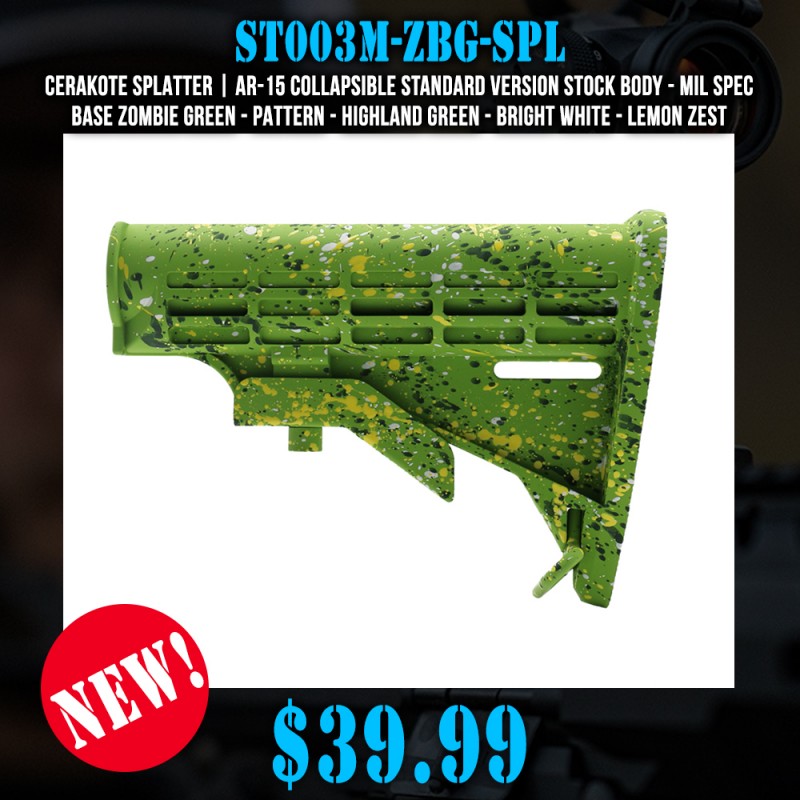 CERAKOTE SPLATTER | AR-15 Collapsible Standard Version Stock Body - Mil Spe - Base Zombie Green - Pattern - Highland Green - Bright White - Lemon Zest CERAKOTE SPLATTER | AR-15 Collapsible Standard Version Stock Body - Mil Spe - Base Zombie Green - Pattern - Highland Green - Bright White - Lemon Zest
