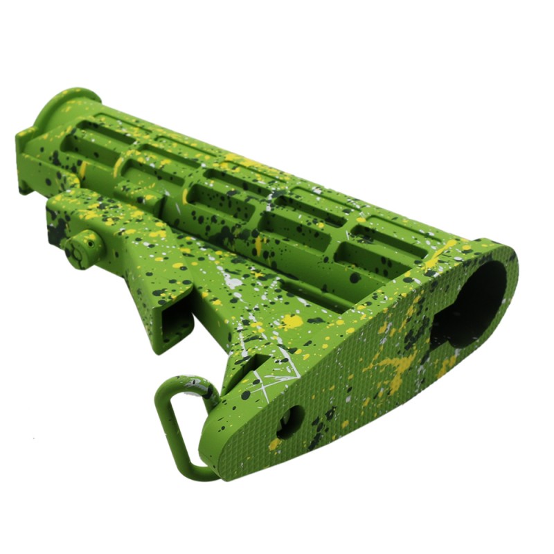 CERAKOTE SPLATTER | AR-15 Collapsible Standard Version Stock Body - Mil Spe - Base Zombie Green - Pattern - Highland Green - Bright White - Lemon Zest CERAKOTE SPLATTER | AR-15 Collapsible Standard Version Stock Body - Mil Spe - Base Zombie Green - Pattern - Highland Green - Bright White - Lemon Zest