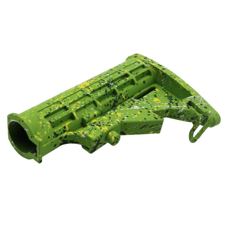 CERAKOTE SPLATTER | AR-15 Collapsible Standard Version Stock Body - Mil Spe - Base Zombie Green - Pattern - Highland Green - Bright White - Lemon Zest CERAKOTE SPLATTER | AR-15 Collapsible Standard Version Stock Body - Mil Spe - Base Zombie Green - Pattern - Highland Green - Bright White - Lemon Zest