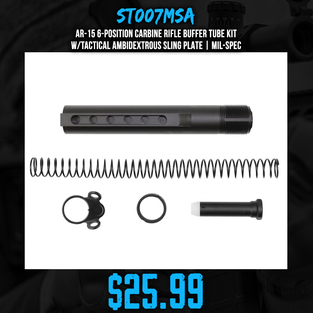 AR-15 6-Position Carbine Rifle Buffer Tube Kit w/Tactical Ambidextrous Sling Plate | Mil-Spec