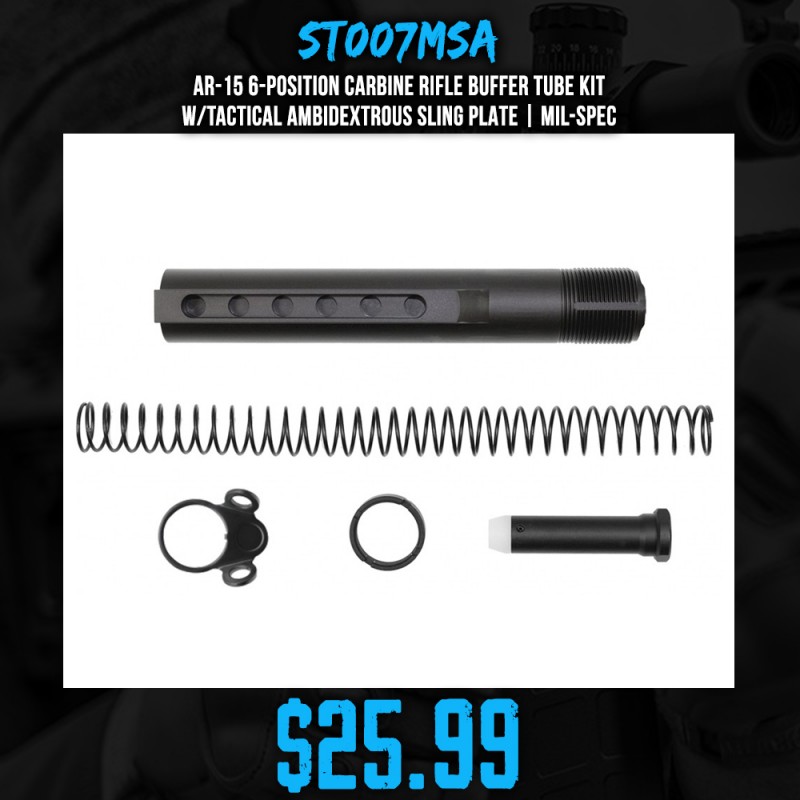 AR-15 6-Position Carbine Rifle Buffer Tube Kit w/Tactical Ambidextrous Sling Plate | Mil-Spec