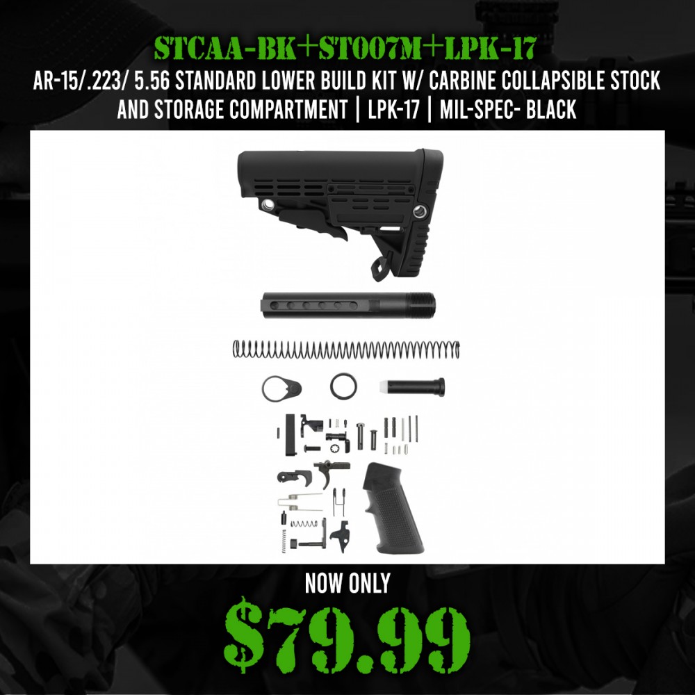 AR-15/.223/ 5.56 Standard Lower Build Kit W/Carbine Collapsible Stock and Storage Compartment| LPK-17| MIL-SPEC- Black