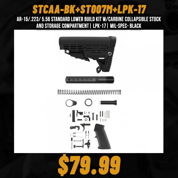 AR-15/.223/ 5.56 Standard Lower Build Kit W/Carbine Collapsible Stock and Storage Compartment| LPK-17| MIL-SPEC- Black