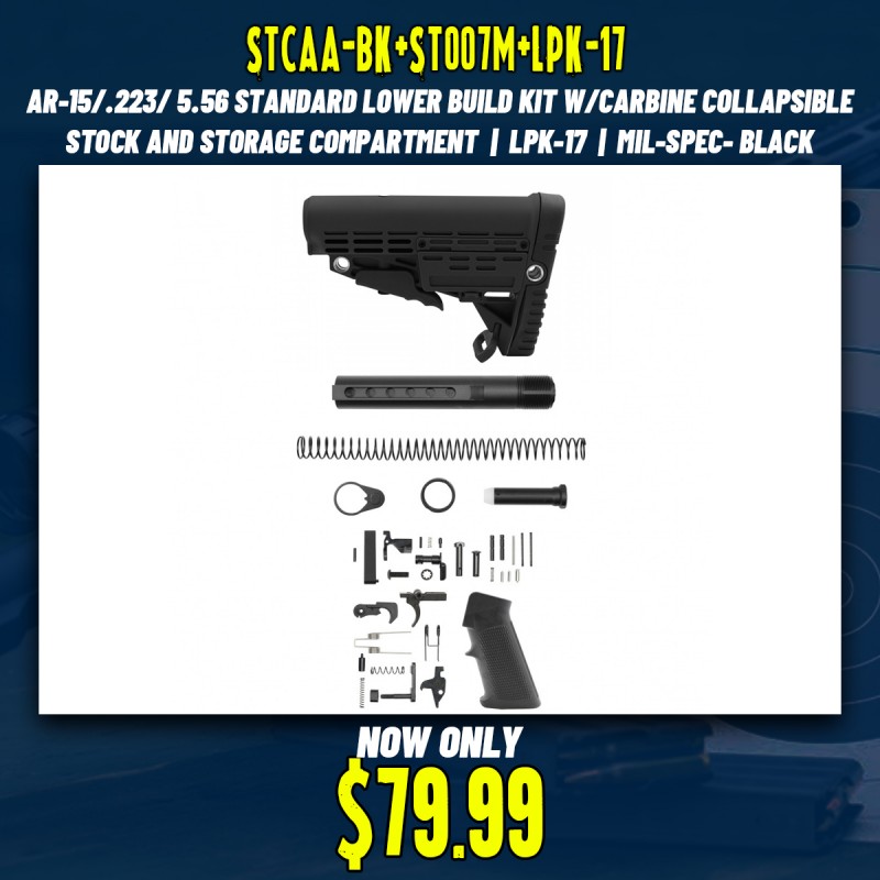 AR-15/.223/ 5.56 Standard Lower Build Kit W/Carbine Collapsible Stock and Storage Compartment| LPK-17| MIL-SPEC- Black