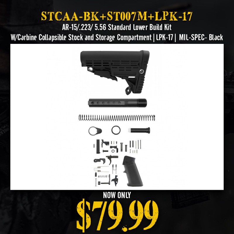 AR-15/.223/ 5.56 Standard Lower Build Kit W/Carbine Collapsible Stock and Storage Compartment| LPK-17| MIL-SPEC- Black