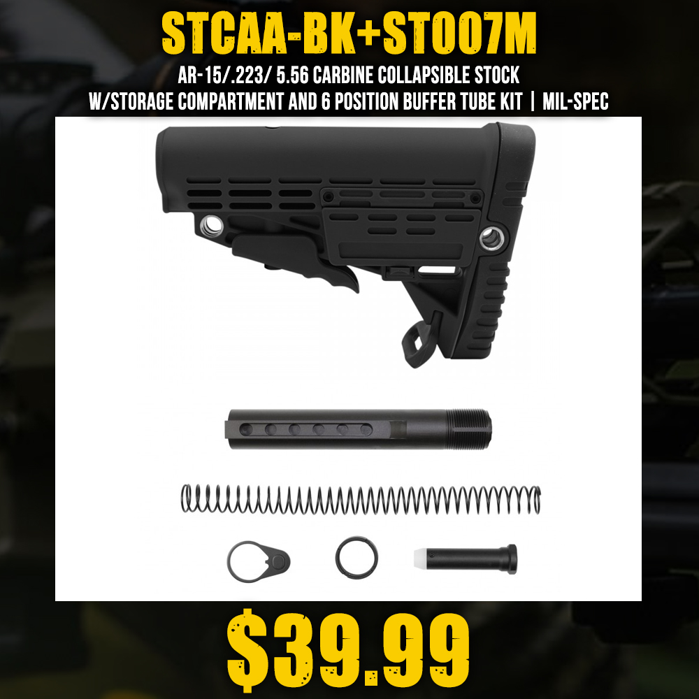 AR-15/.223/ 5.56 Carbine Collapsible Stock W/Storage Compartment and 6 Position Buffer Tube kit| MIL-SPEC AR-15/.223/ 5.56 Carbine Collapsible Stock W/Storage Compartment and 6 Position Buffer Tube kit| MIL-SPEC